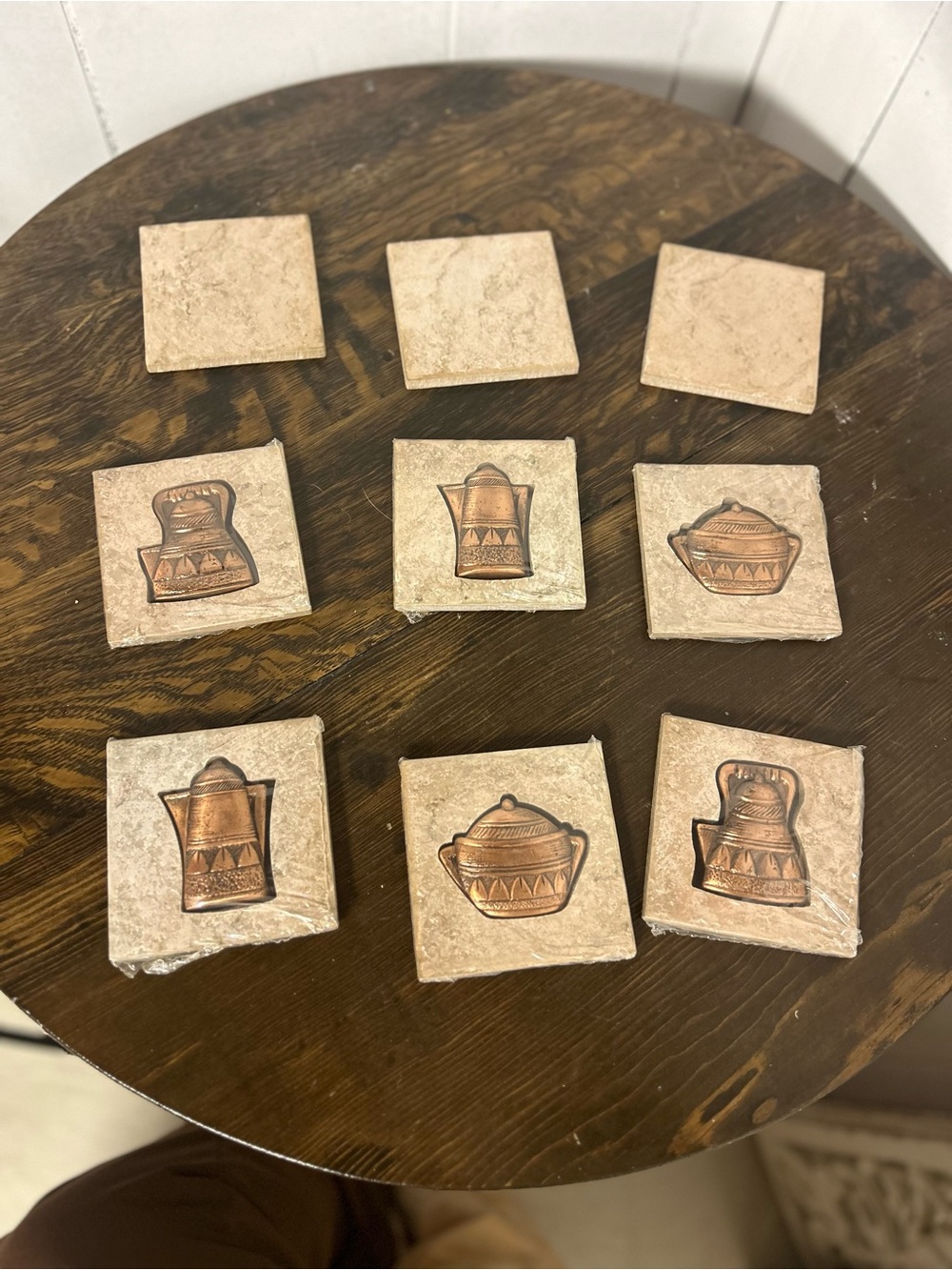 Tan Stone Backsplash Wall Tiles Set with Copper Damask Teapot Accents - 9 Pieces